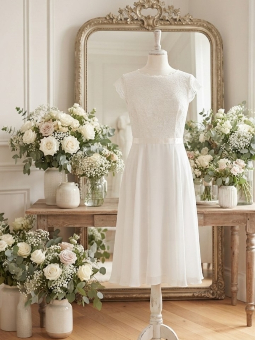 White Lace Midi Dress with Satin Waist